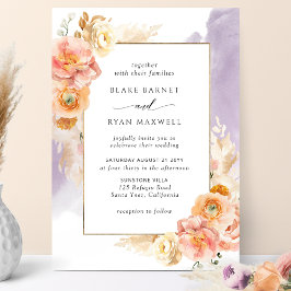 Convites Casamento Chic Peach Blush Floral, Purple Watercol