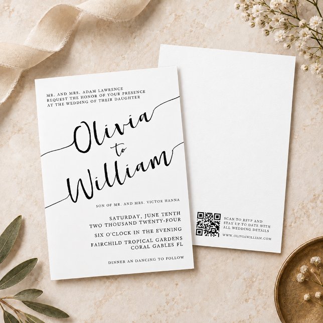 Convites Casamento Chic Preto Branco Script (script wedding invitation)