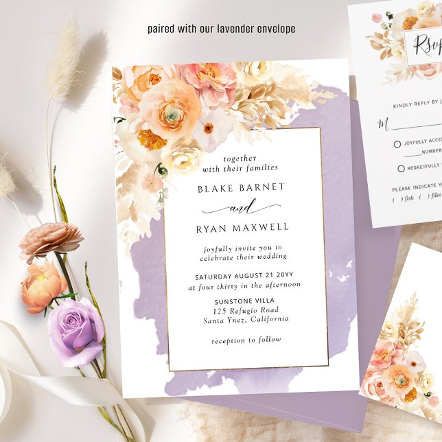 Convites Casamento Chic Purple, Peach, Blush e Cream Floral (Criador carregado)