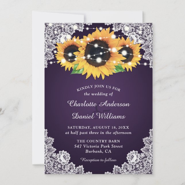 Convites Casamento Chic Purple Sunflower (Frente)
