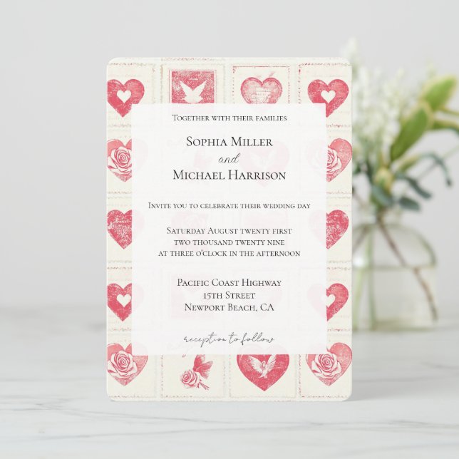 Convites Casamento Chic Red Cream Hearts (Em pé/Frente)