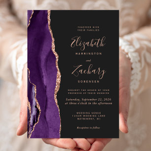 Convites Casamento Chic Rosa Ágata Dourado Roxo Escuro