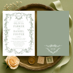 Convites Casamento Chic Sage Verde Vitoriano Francês Monogr