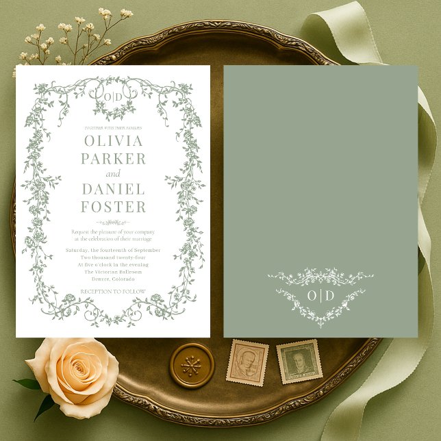 Convites Casamento Chic Sage Verde Vitoriano Francês Monogr (Criador carregado)