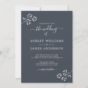 Convites Casamento Chic Script Marfim Folhagem Azul Escuro