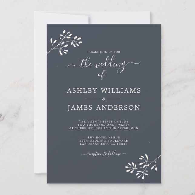 Convites Casamento Chic Script Marfim Folhagem Azul Escuro (Frente)
