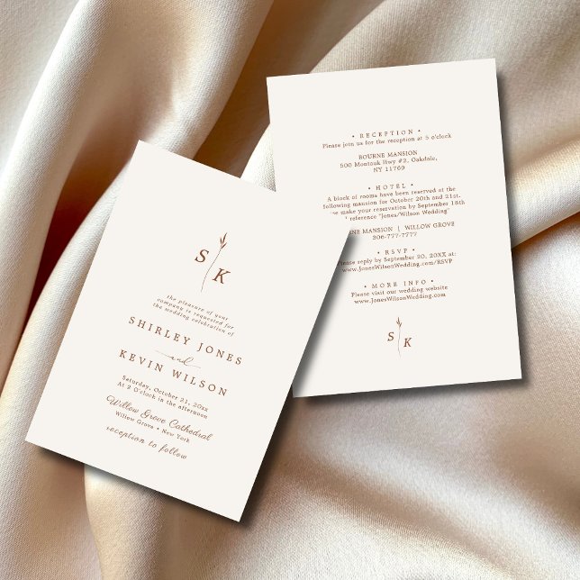 Convites Casamento Chic Simples Folha de Folha Monograma (Criador carregado)