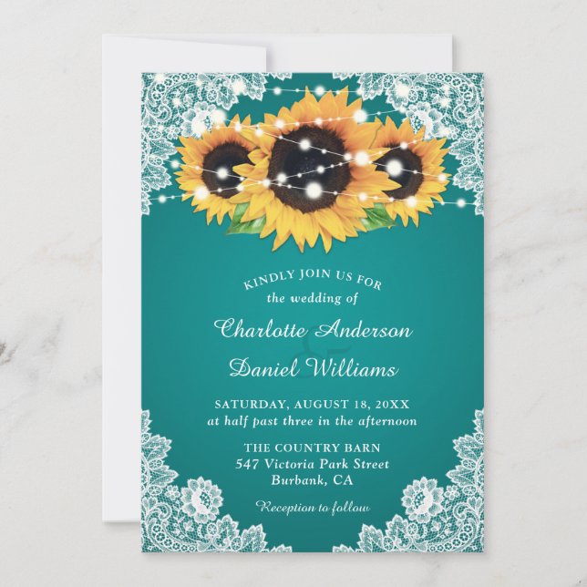 Convites Casamento Chic Teal Sunflower (Frente)