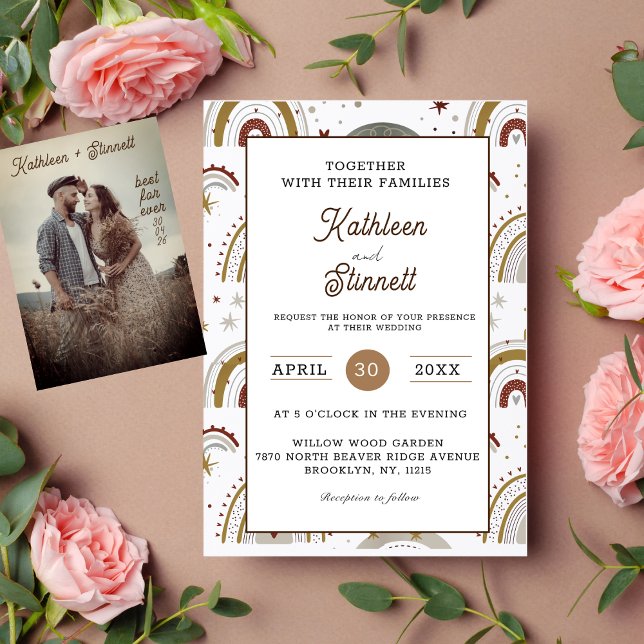 Convites Casamento Chic Terracotta Bold Bright Boho Rainbow (This wedding invitation is a rainbow of boho beauty, with terracotta colors and a modern design.)