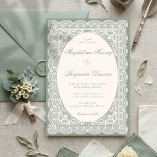 Convites Casamento Chic Vintage Marfim e Verde Sage Elegant