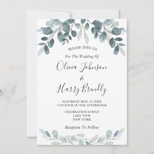 Convites Casamento Chic Watercolor Eucalyptus Bloom (Frente)