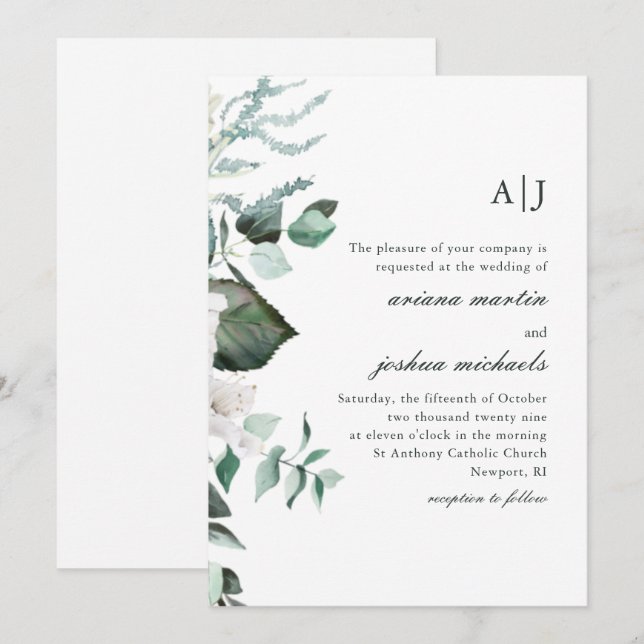 Convites Casamento Chic White Floral e Greenery Monograma (Frente/Verso)