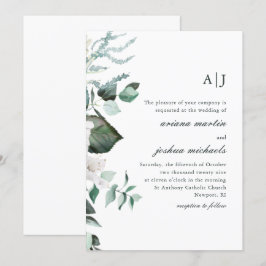 Convites Casamento Chic White Floral e Greenery Monograma