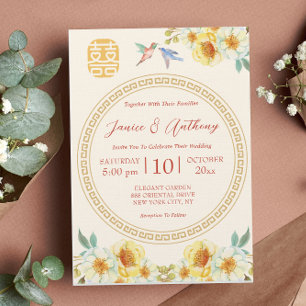 Convites Casamento chinês amarelo floral pássaro elegante