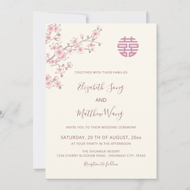 Convites CASAMENTO CHINÊS BILINGUE Beijo Cereja Flor de Cer (Frente)