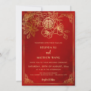 Convites Casamento Chinês BILINGUE Dourado Vermelho