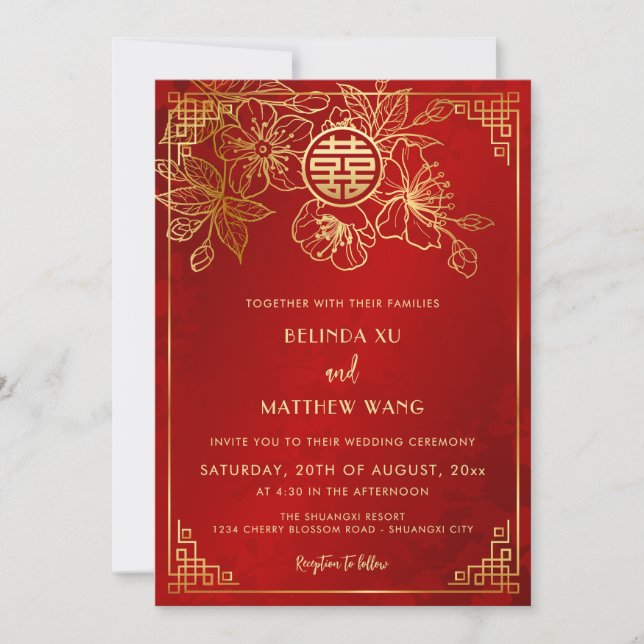 Convites Casamento Chinês BILINGUE Dourado Vermelho (Frente)