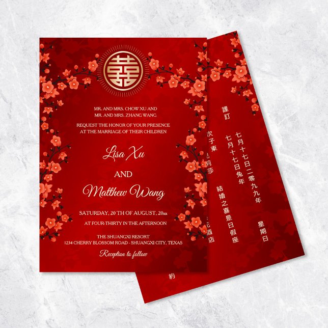 Convites CASAMENTO CHINÊS BILÍNGUE Flor de Cerejeira Vermel (Criador carregado)