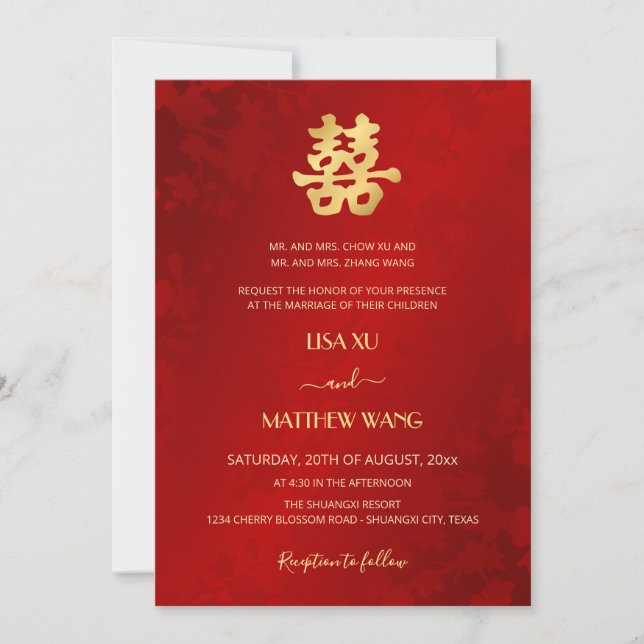 Convites Casamento Chinês Bilingue | Vermelho Simples Doura (Frente)