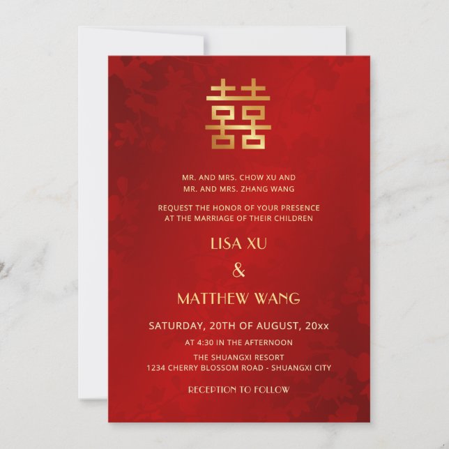 Convites Casamento Chinês Bilingue | Vermelho Simples Doura (Frente)