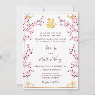 Convites Casamento chinês branco-rosa-rosa com quadro Doura
