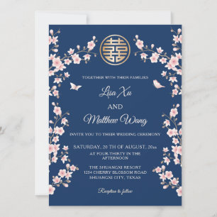 Convites Casamento Chinês com Flor de Cereja Azul-Rosa Dust