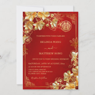 Convites Casamento Chinês com Flores Douradas 3D