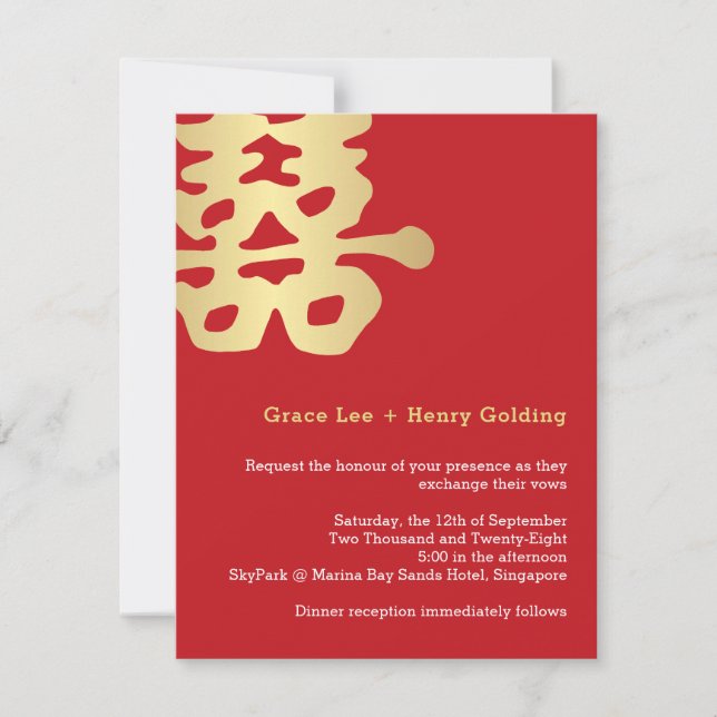 Convites Casamento Chinês Contemporâneo de Dupla Felicidade (Frente)