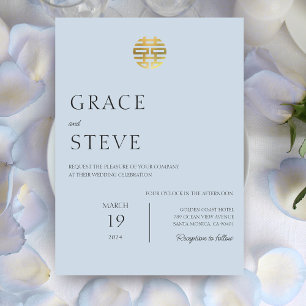 Convites Casamento Chinês Coreano Duplo Felicidade Azul Dup