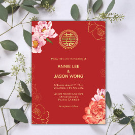 Convites Casamento Chinês de Dupla Felicidade Dourada de Pe