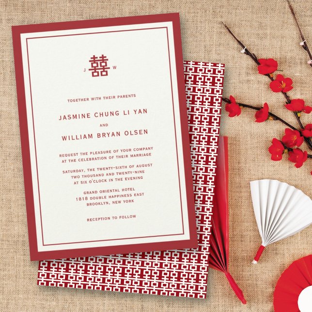 Convites Casamento Chinês de Dupla Felicidade Moderna Minim (Modern Minimalist Red/Ivory Double Happiness Chinese Wedding Invitation @ fatfatin_red_knot)