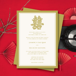 Convites Casamento Chinês de Felicidade Dupla Dourada Flor