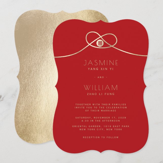 Convites Casamento Chinês de Felicidade Dupla Dourada União (Frente/Verso)