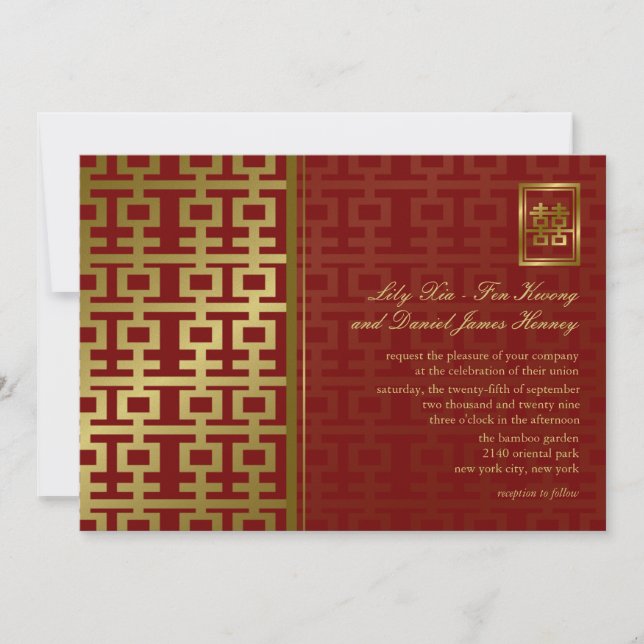 Convites Casamento Chinês Dupla Felicidade Moderno Vermelho (Frente)