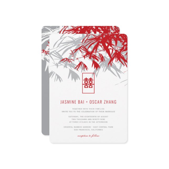Convites Casamento Chinês Duplo Xi - Cinza Vermelha - Bambu (Frente/Verso In Situ)