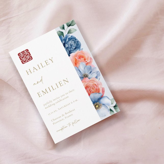 Convites Casamento Chinês Floral Moderno Elegante (Criador carregado)