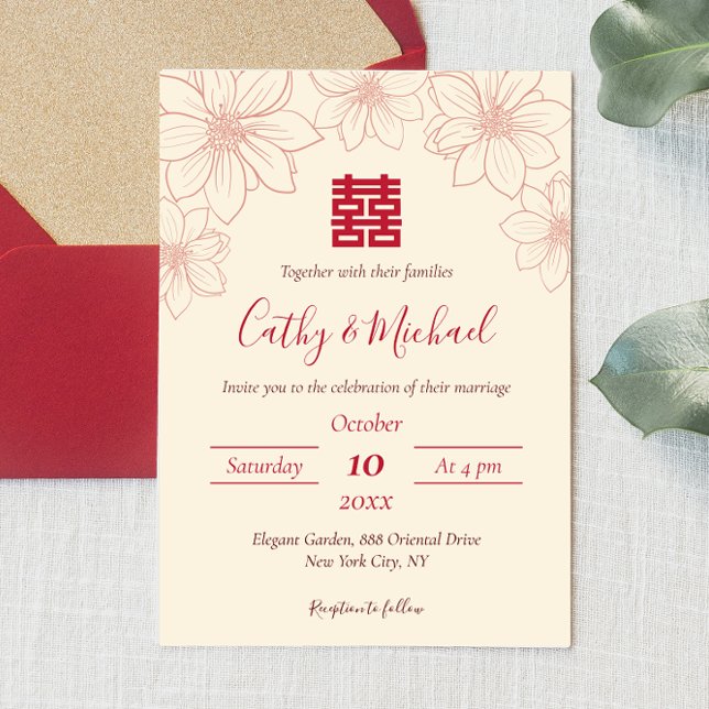Convites Casamento chinês floral vermelho e bege Boho (Criador carregado)