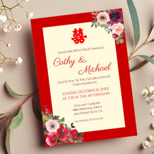 Convites casamento chinês jardim floral vermelho dupla feli