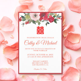 Convites Casamento chinês moderno floral aquarela rosa verm