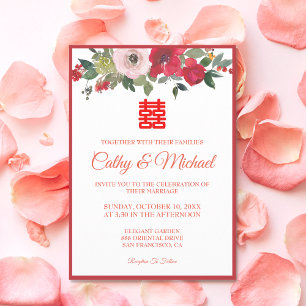 Convites Casamento chinês moderno floral aquarela rosa verm