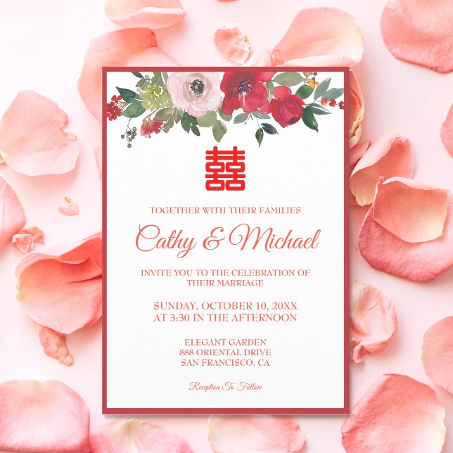 Convites Casamento chinês moderno floral aquarela rosa verm (Criador carregado)