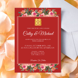 Convites Casamento chinês moderno rosa floral peônia vermel