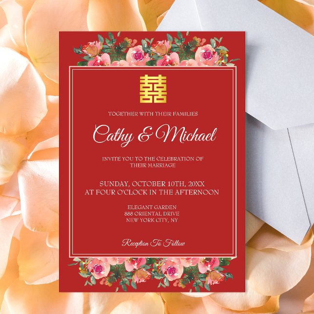 Convites Casamento chinês moderno rosa floral peônia vermel (Criador carregado)