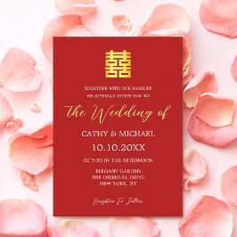 Convites Casamento chinês moderno simples vermelho dourado
