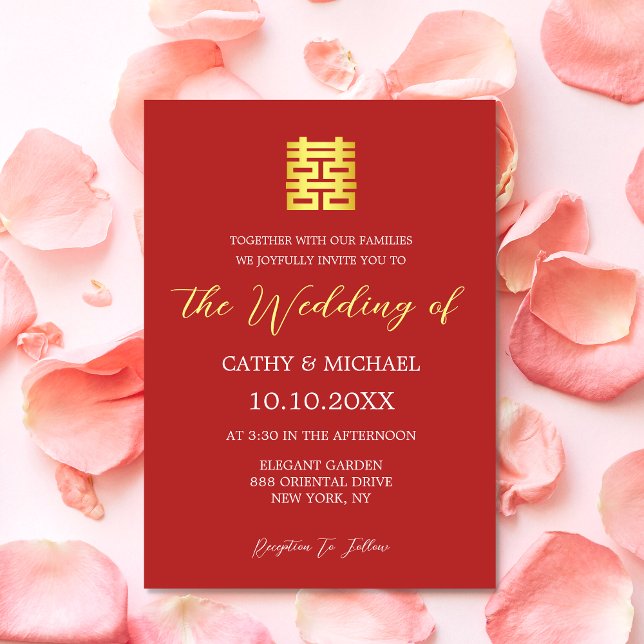 Convites Casamento chinês moderno simples vermelho dourado (Criador carregado)