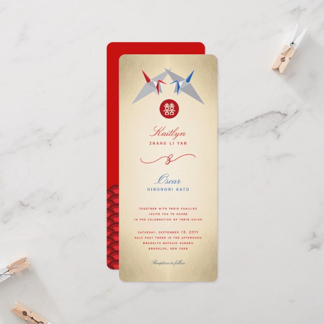 Convites Casamento Chinês Origami de Gruas de Papel Vermelh (Frente/Verso In Situ)
