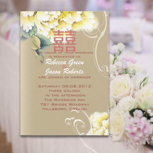 Convites casamento chinês peônia floral vintage moderno (modern vintage peony floral chinese Wedding Invitation)