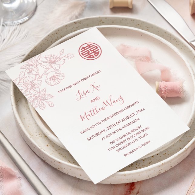 Convites Casamento Chinês Rosa Floral Desabrochado (Criador carregado)