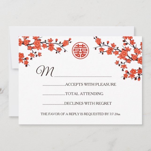 Convites Casamento Chinês RSVP Flor Vermelha (Frente)