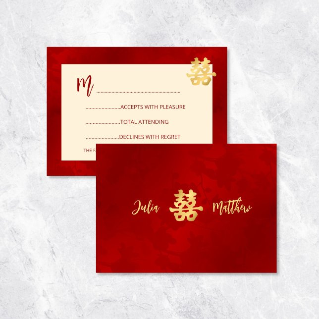 Convites Casamento Chinês RSVP Moderno Vermelho (Criador carregado)